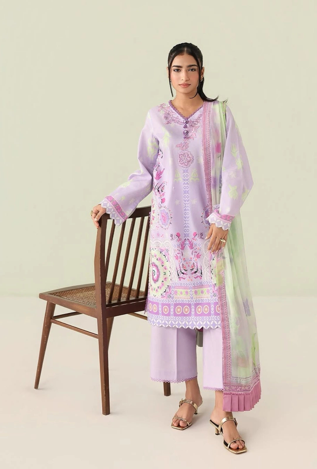 Roheenaz Rosette Azure days 3-Piece Unstitched Lawn Suit | Printed Shirt with Embroidered Neckline & Chiffon Dupatta