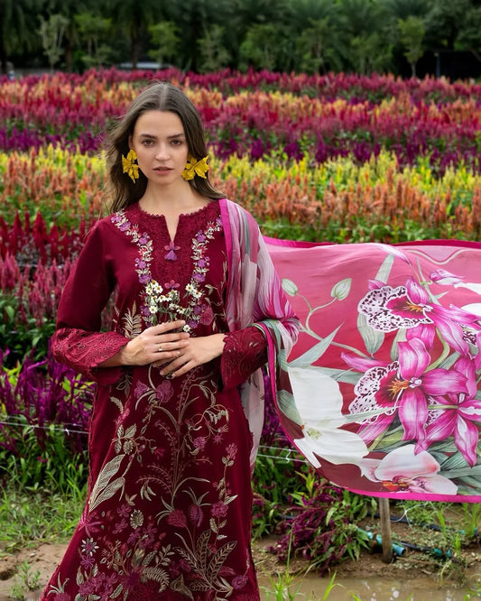 Aurora Petals – Embroidered Lawn with Silk Dupatta