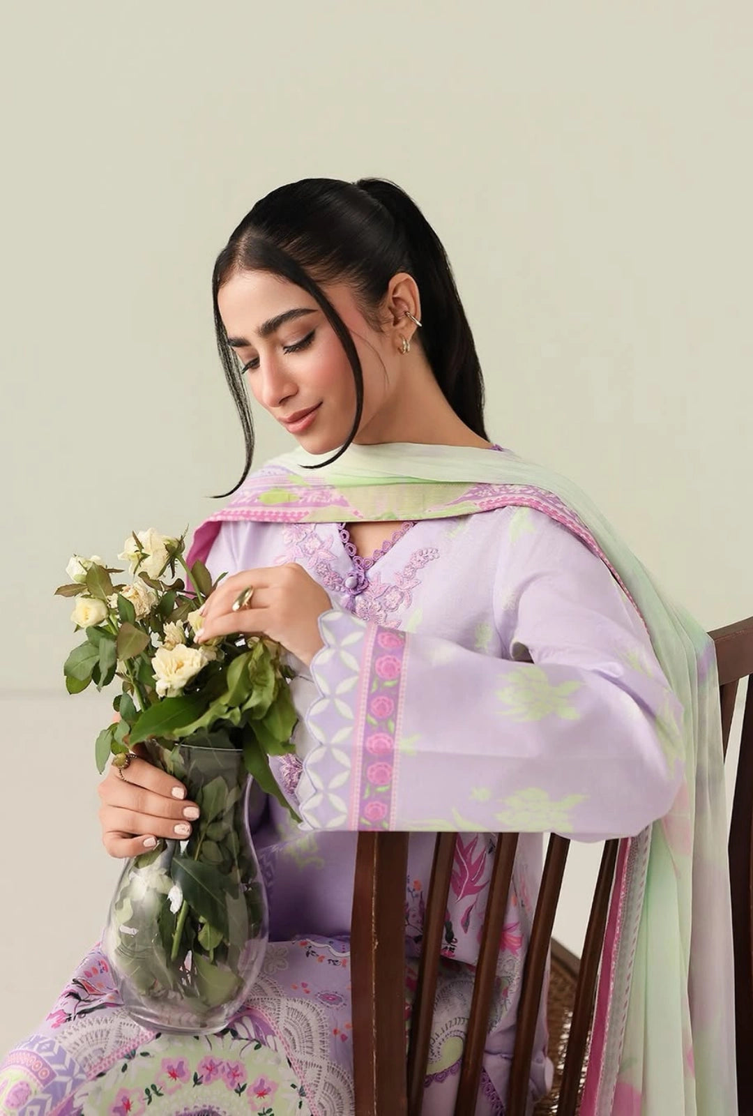 Roheenaz Rosette Azure days 3-Piece Unstitched Lawn Suit | Printed Shirt with Embroidered Neckline & Chiffon Dupatta