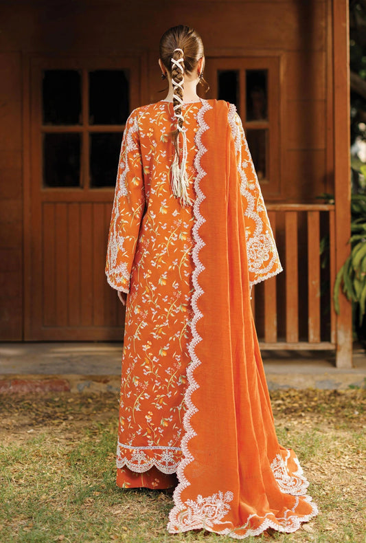 Afrozeh ELYORA 3-Piece Unstitched Lawn Suit | Tangerine-Orange Embroidered Shirt with Sheer Dupatta
