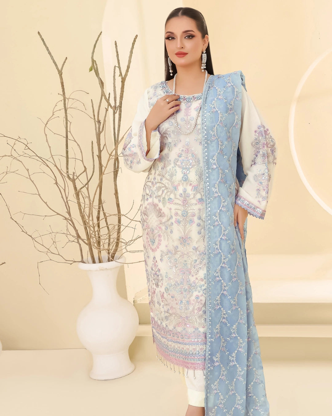 Embroidered Bamber Chiffon Suit With La Bella Viscose Jacquard Trouser D-004