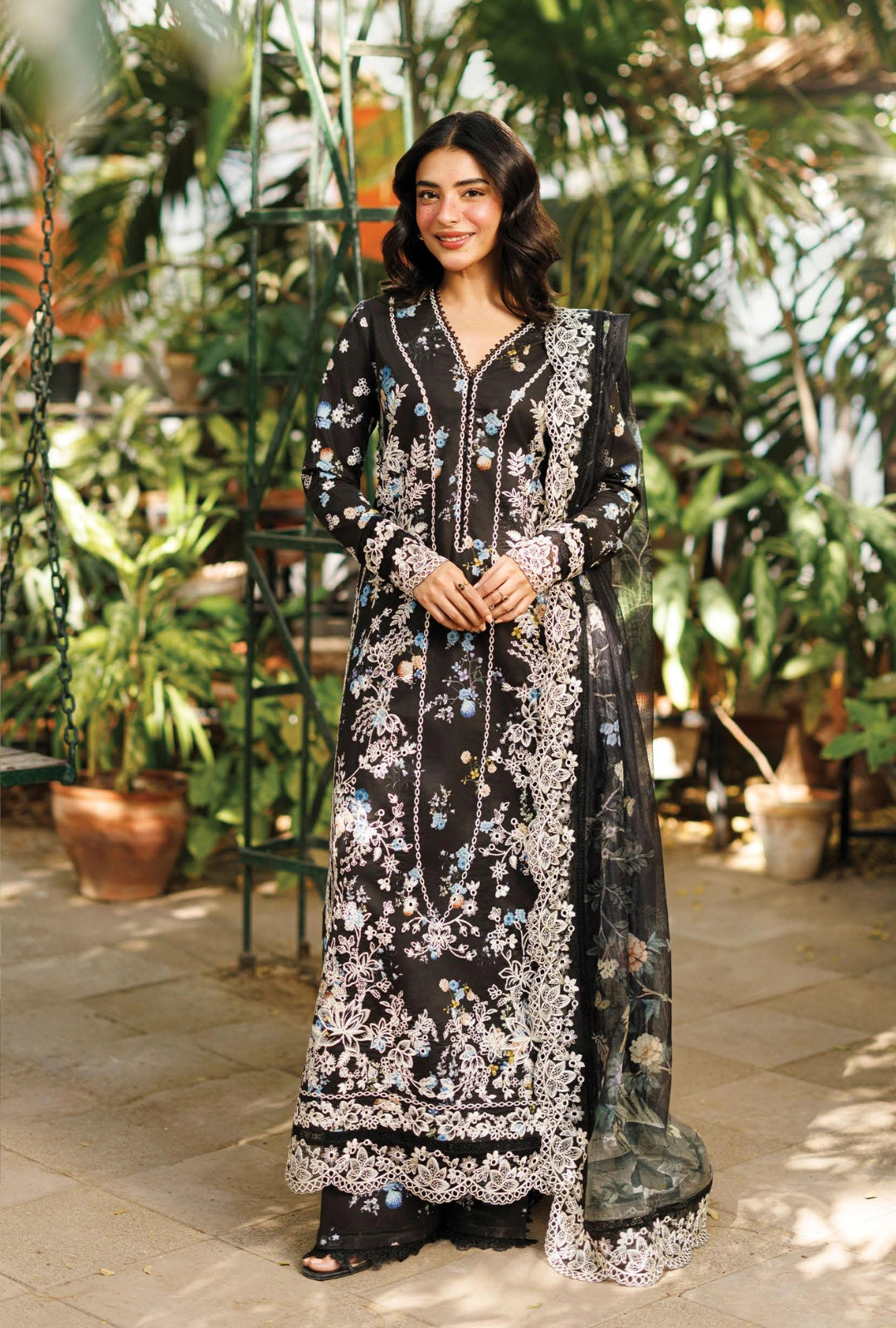 Afrozeh NYRELLA 3-Piece Unstitched Lawn Suit | Classic Black Embroidered Shirt with Sheer Dupatta