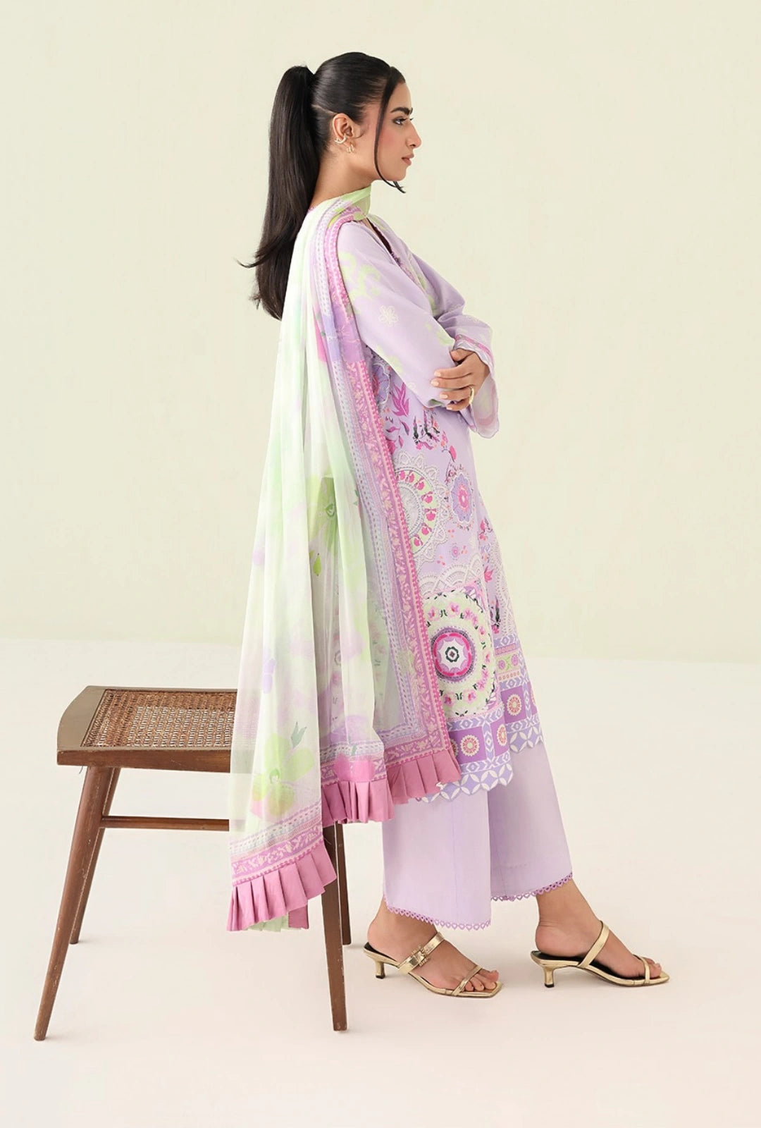 Roheenaz Rosette Azure days 3-Piece Unstitched Lawn Suit | Printed Shirt with Embroidered Neckline & Chiffon Dupatta