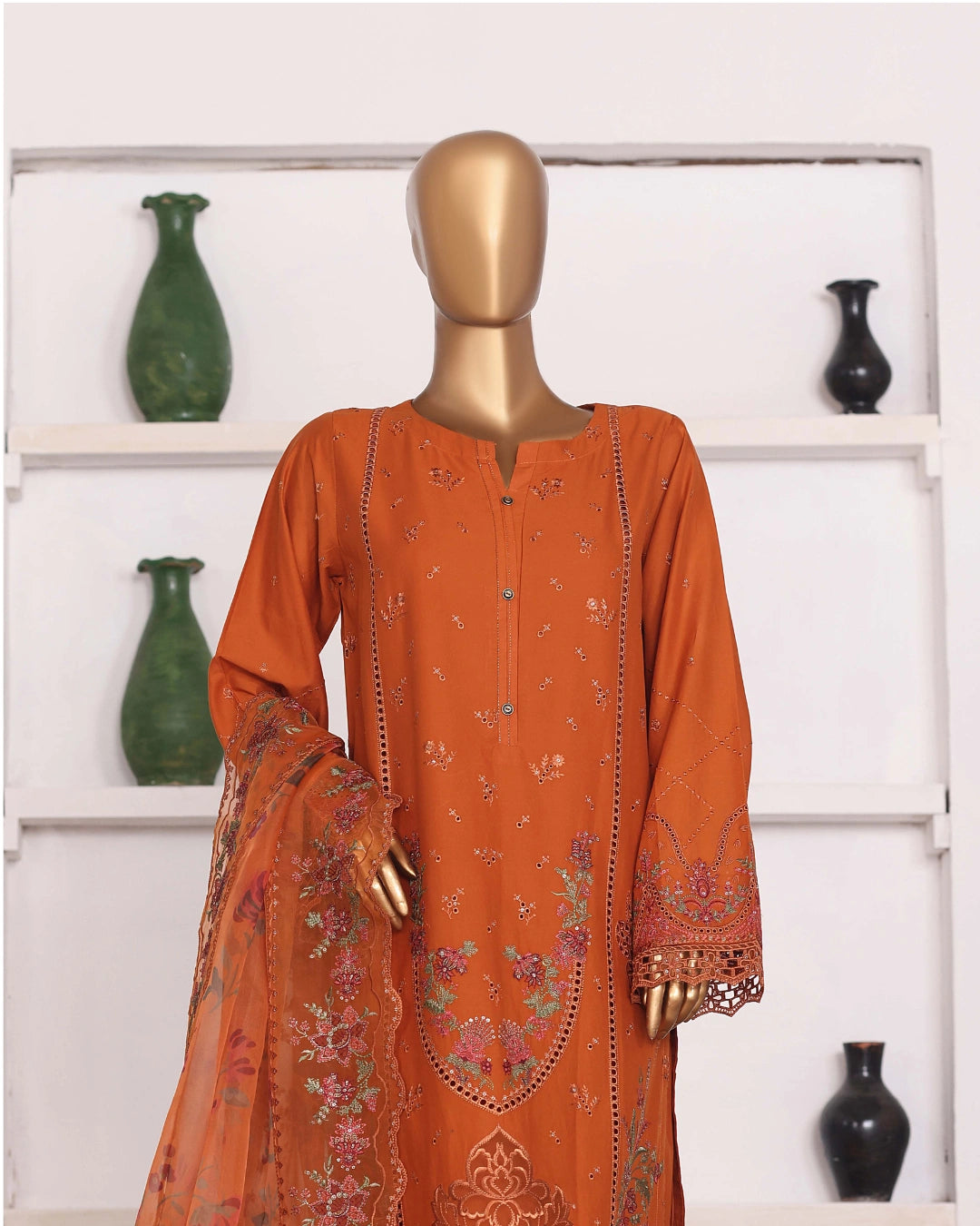 HZ Muse-Embroidered 3 Piece Outfit Stitched Suite OCHRE (CSE-3P-214)
