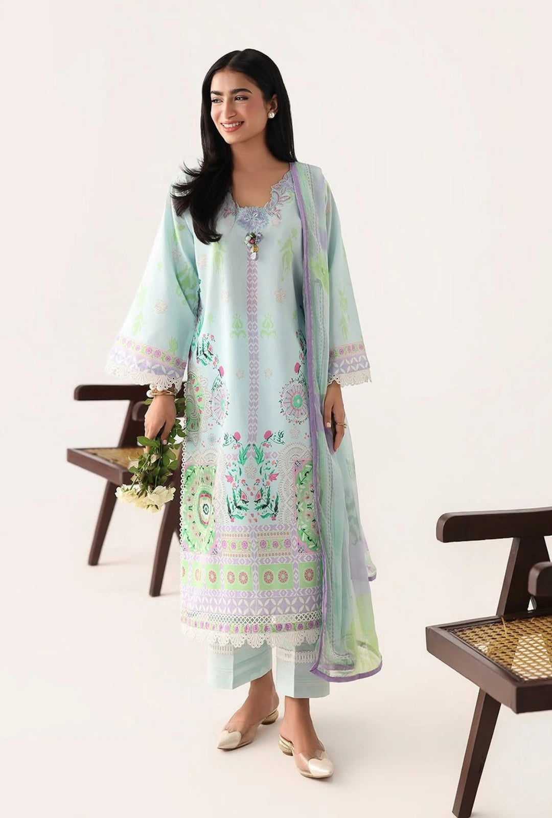 Roheenaz Rosette  Cool Mirage 3-Piece Unstitched Lawn Suit | Printed Shirt with Embroidered Neckline & Chiffon Dupatta