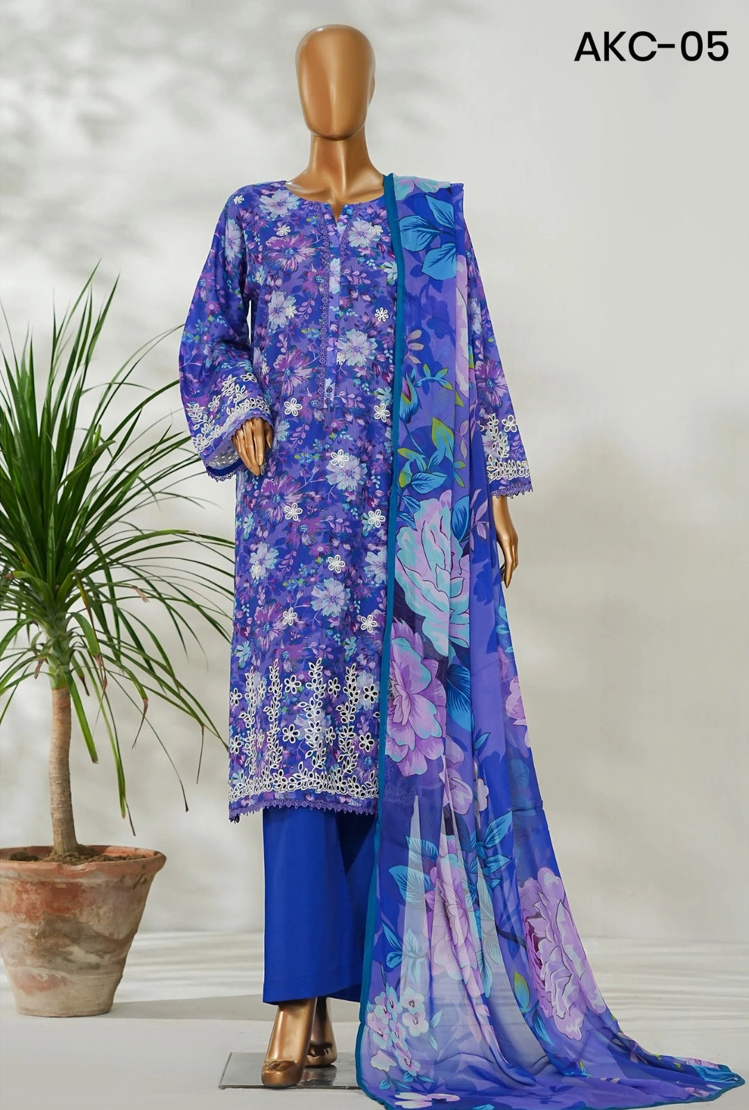 Amna Khadija Ismet Chikankari Embroidered Bana Dora Lawn Stitched 3 Piece Suit - AKC-05 | Blue | Summer Collection