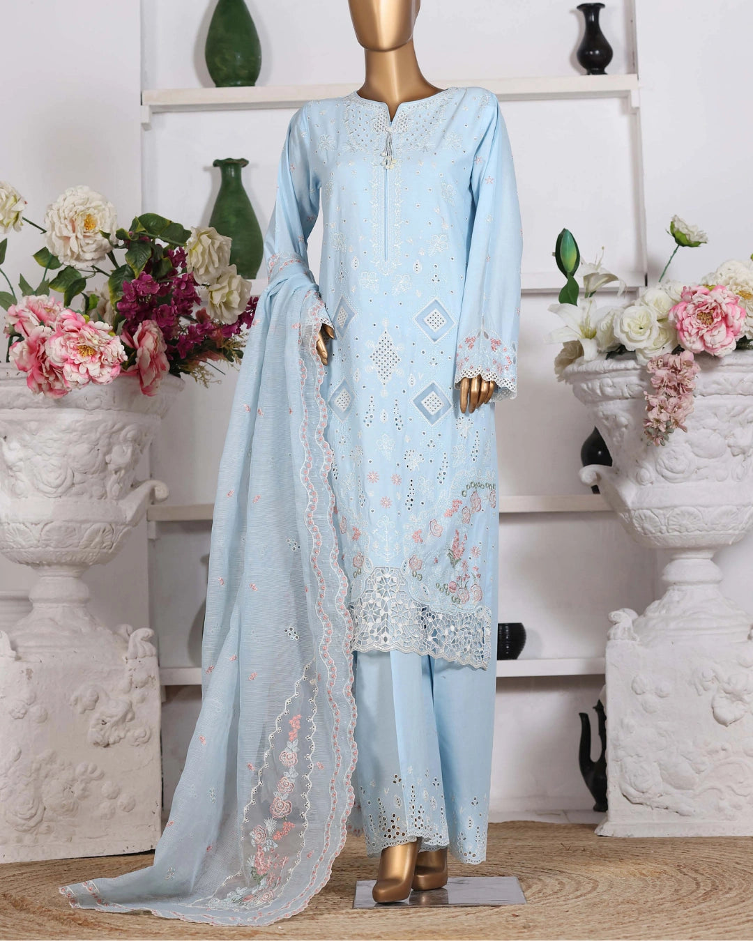 HZ Muse-Embroidered 3 Piece Outfit Stitched Suite POWDER BLUE (CSE-3P-216)