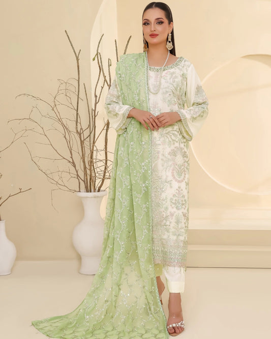 Tawakkal Embroidered Bamber Chiffon Suit With La Bella Viscose Jacquard Trouser D-005