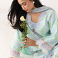 Roheenaz Rosette  Cool Mirage 3-Piece Unstitched Lawn Suit | Printed Shirt with Embroidered Neckline & Chiffon Dupatta