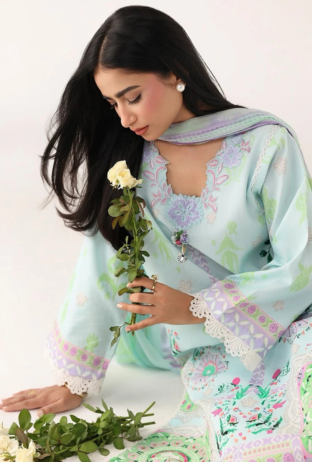 Roheenaz Rosette  Cool Mirage 3-Piece Unstitched Lawn Suit | Printed Shirt with Embroidered Neckline & Chiffon Dupatta