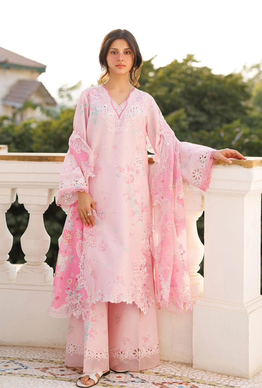 Afrozeh AMOURA 3-Piece Unstitched Lawn Suit | Blush Pink Embroidered Shirt with Sheer Dupatta
