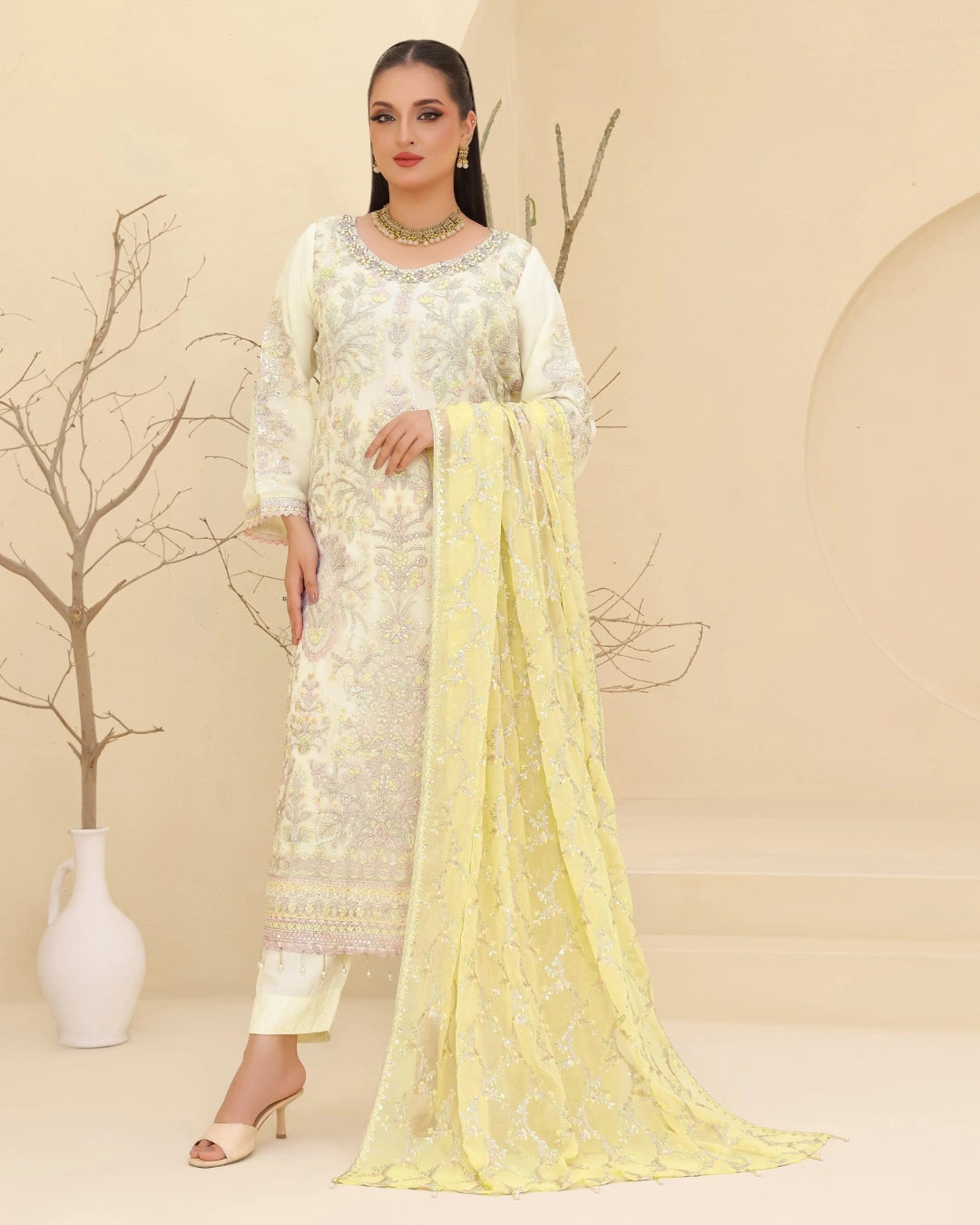 Embroidered Bamber Chiffon Suit With La Bella Viscose Jacquard Trouser D-001