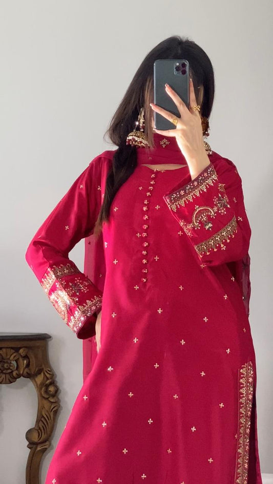 Luxury Viscose Embroidered 3PC Suit with Farshi Shalwar