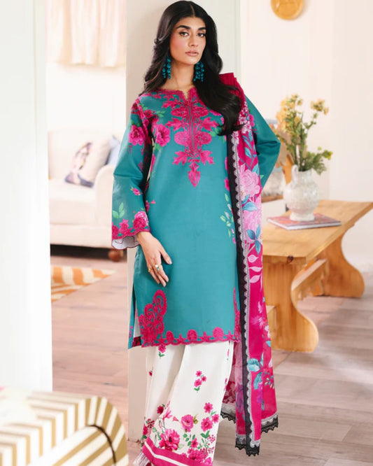 NISSA Floral Symphony – Embroidered & Printed Lawn Suit by Rajbari (Unstitched) 01
