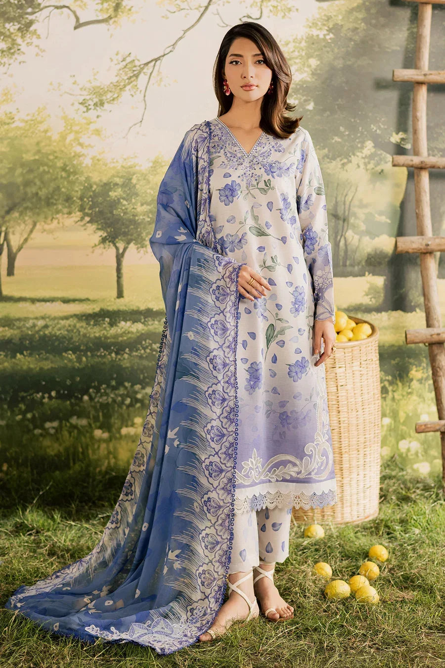 NUREH BLOOM Embroidered & Printed Doriya Lawn 3 Piece Unstitched Suit (BL-16)