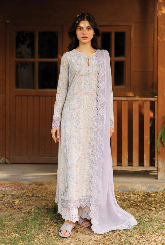 Afrozeh SOLAYNE 3-Piece Unstitched Lawn Suit | Ivory Embroidered Shirt with Sheer Lavender Dupatta