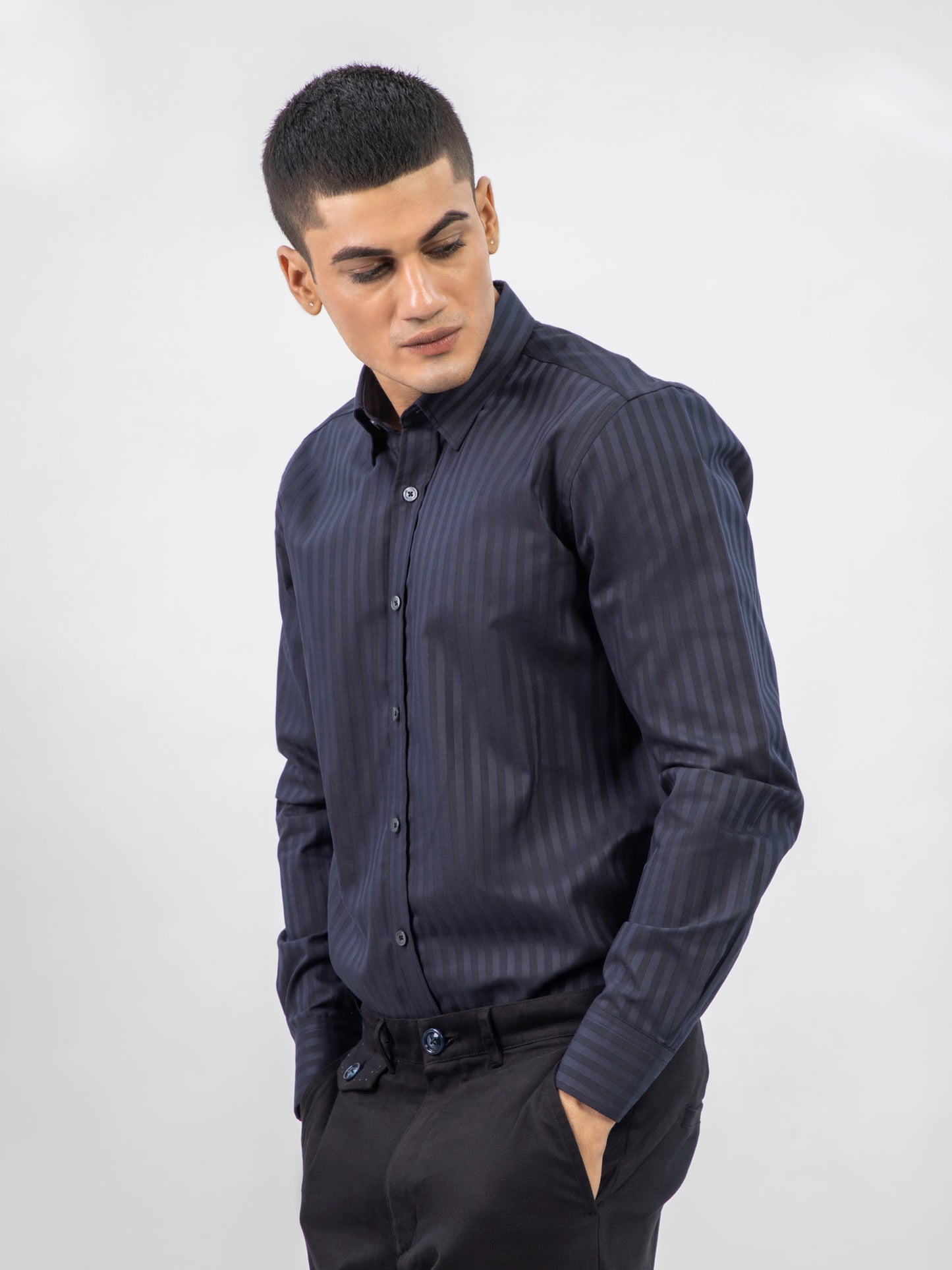 Dark Navy 5042 Striped Formal Shirt With In side Button Down Collar-SS2024