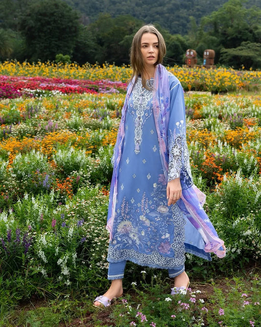 Azure Bloom – Chikan Embroidered Lawn with Chiffon Dupatta