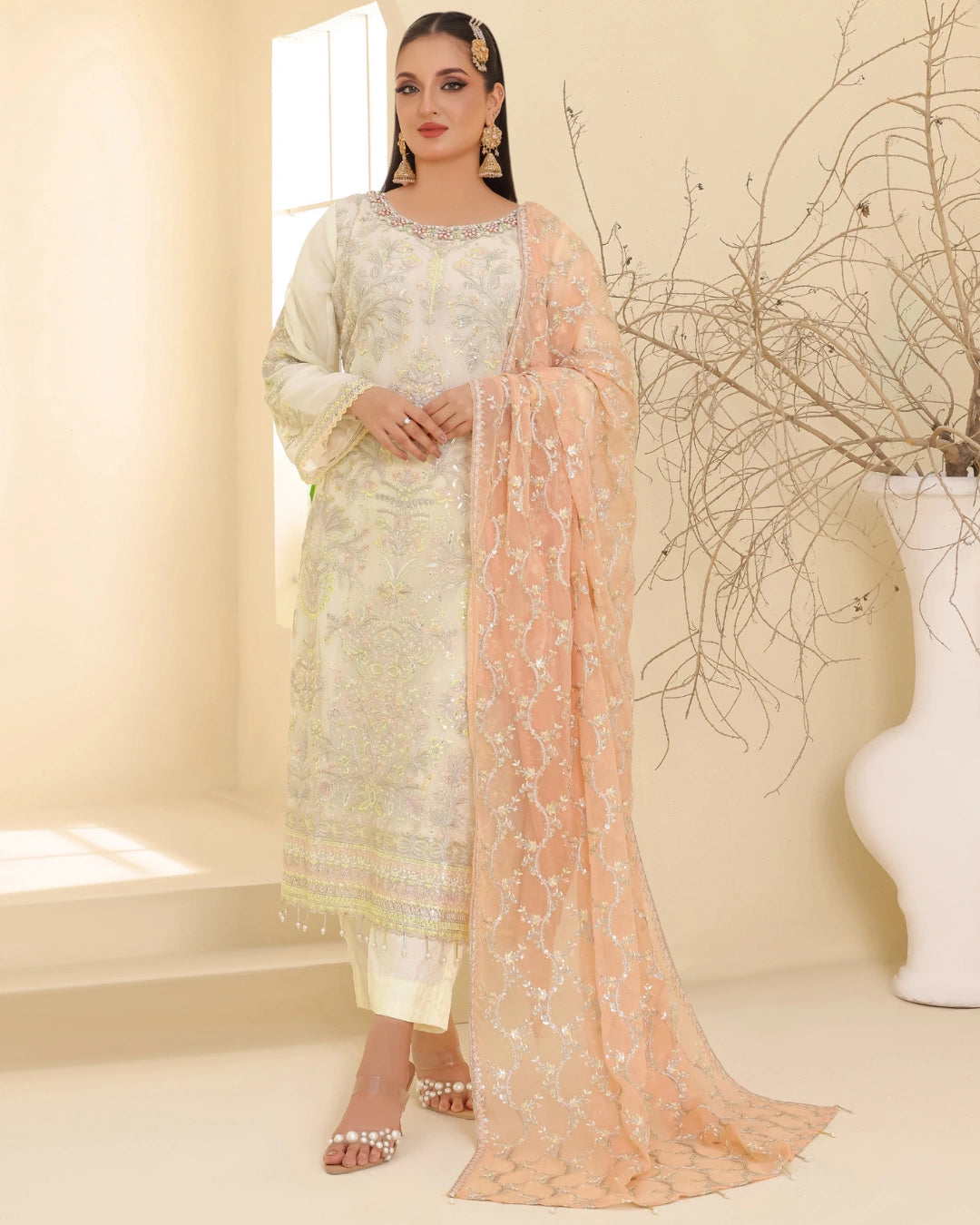 Embroidered Bamber Chiffon Suit With La Bella Viscose Jacquard Trouser D-006