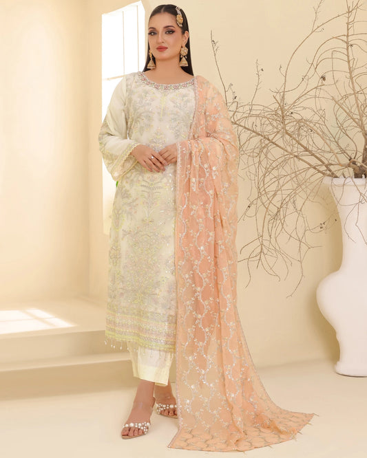 Tawakkal Embroidered Bamber Chiffon Suit With La Bella Viscose Jacquard Trouser D-006