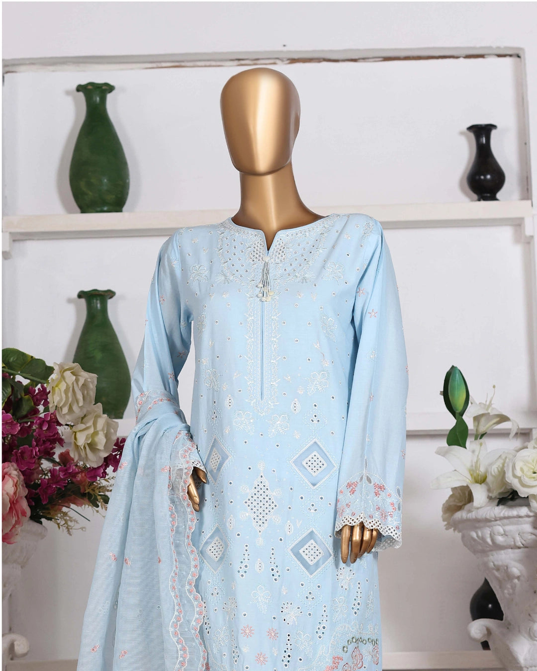 HZ Muse-Embroidered 3 Piece Outfit Stitched Suite POWDER BLUE (CSE-3P-216)
