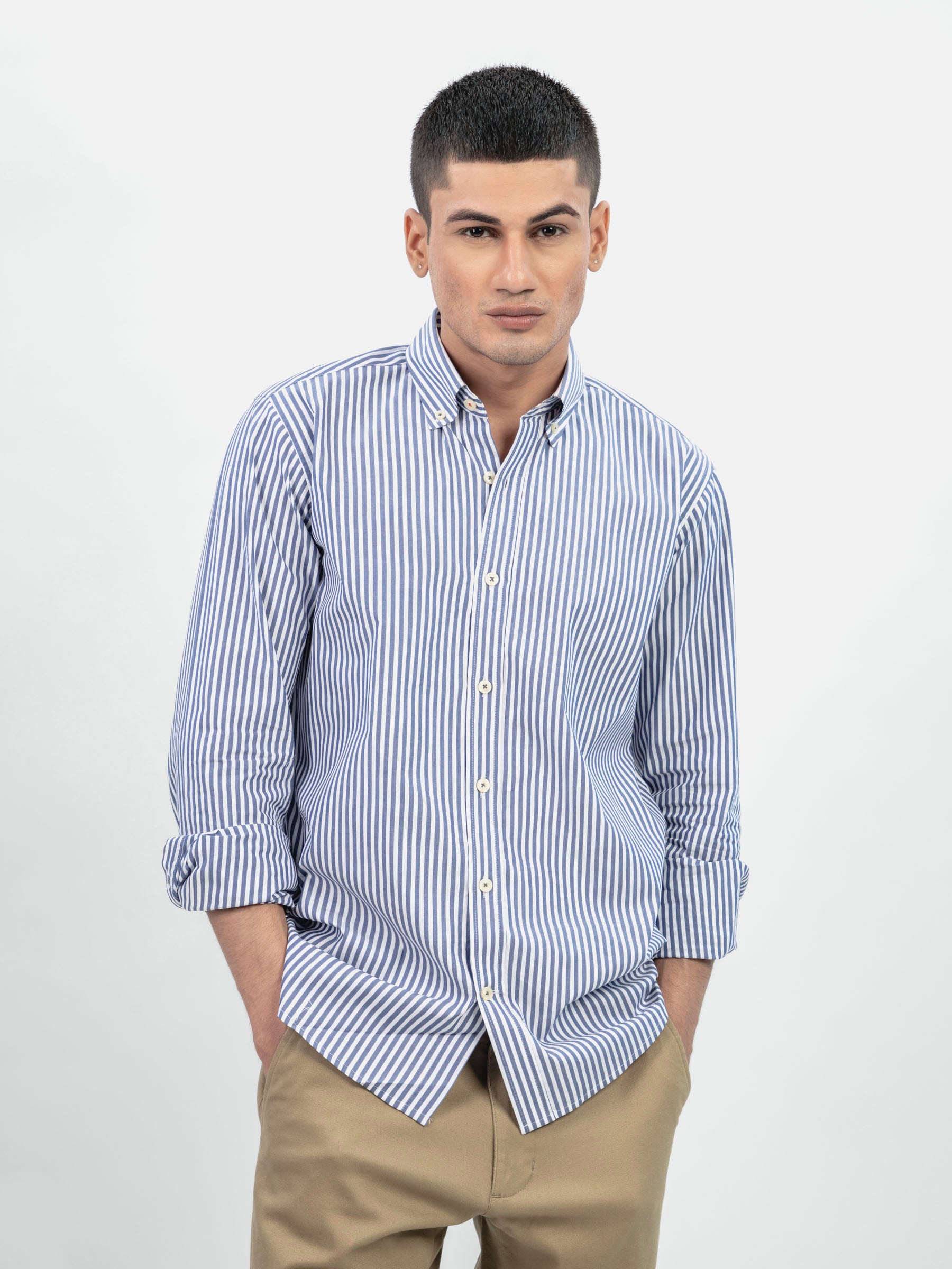 Navy Blue&White 6032 Bengal Striped ButtonnDown Shirt-SS2024