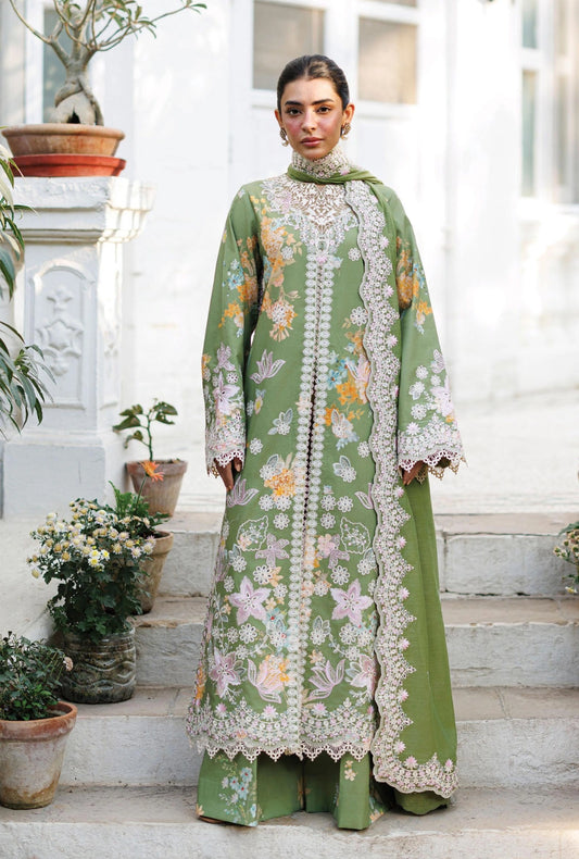 Afrozeh SERELITH 3-Piece Unstitched Lawn Suit | Olive-Green Floral Embroidered Shirt with Matching Dupatta