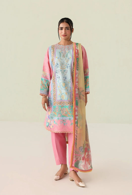 Roheenaz Rosette Golden Hour 3-Piece Unstitched Lawn Suit | Printed Shirt with Embroidered Neckline & Chiffon Dupatta