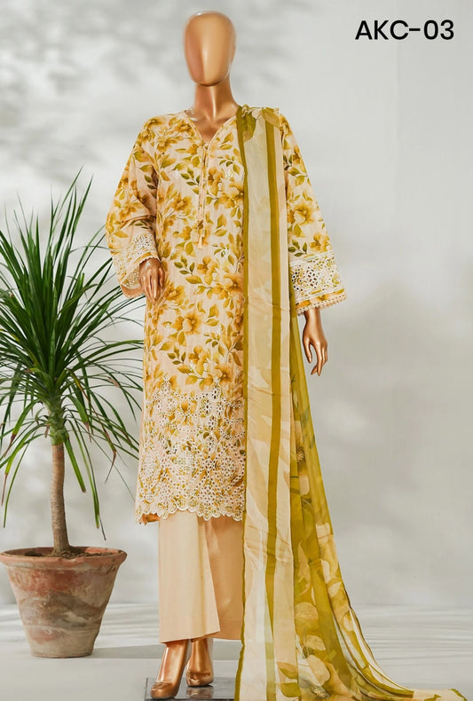 Amna Khadija Ismet Chikankari Embroidered Bana Dora Lawn Stitched 3 Piece Suit - AKC-03  | Fawn | Summer Collection