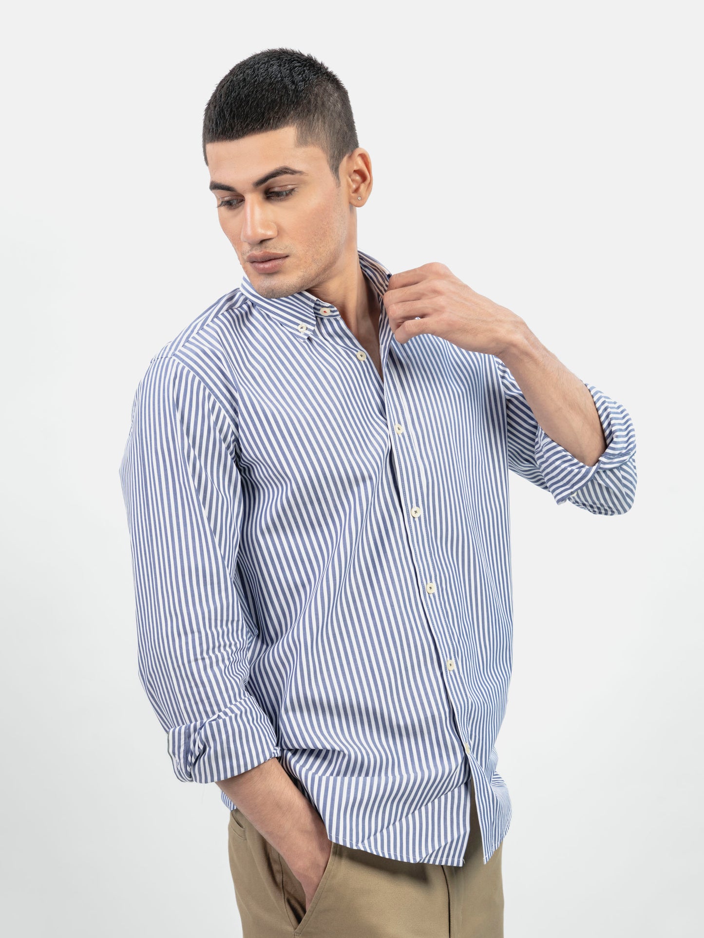 Navy Blue&White 6032 Bengal Striped ButtonnDown Shirt-SS2024