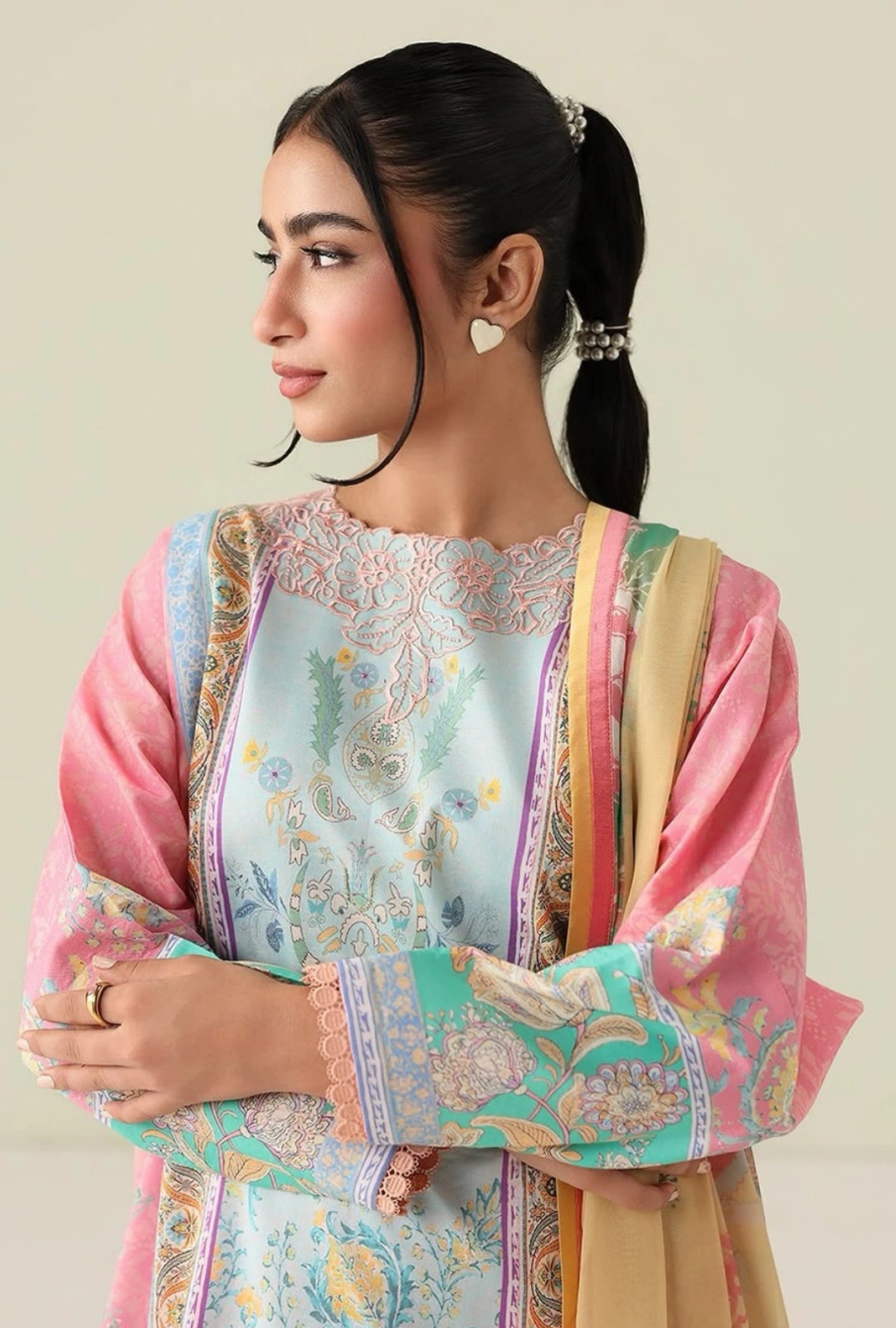 Roheenaz Rosette Golden Hour 3-Piece Unstitched Lawn Suit | Printed Shirt with Embroidered Neckline & Chiffon Dupatta