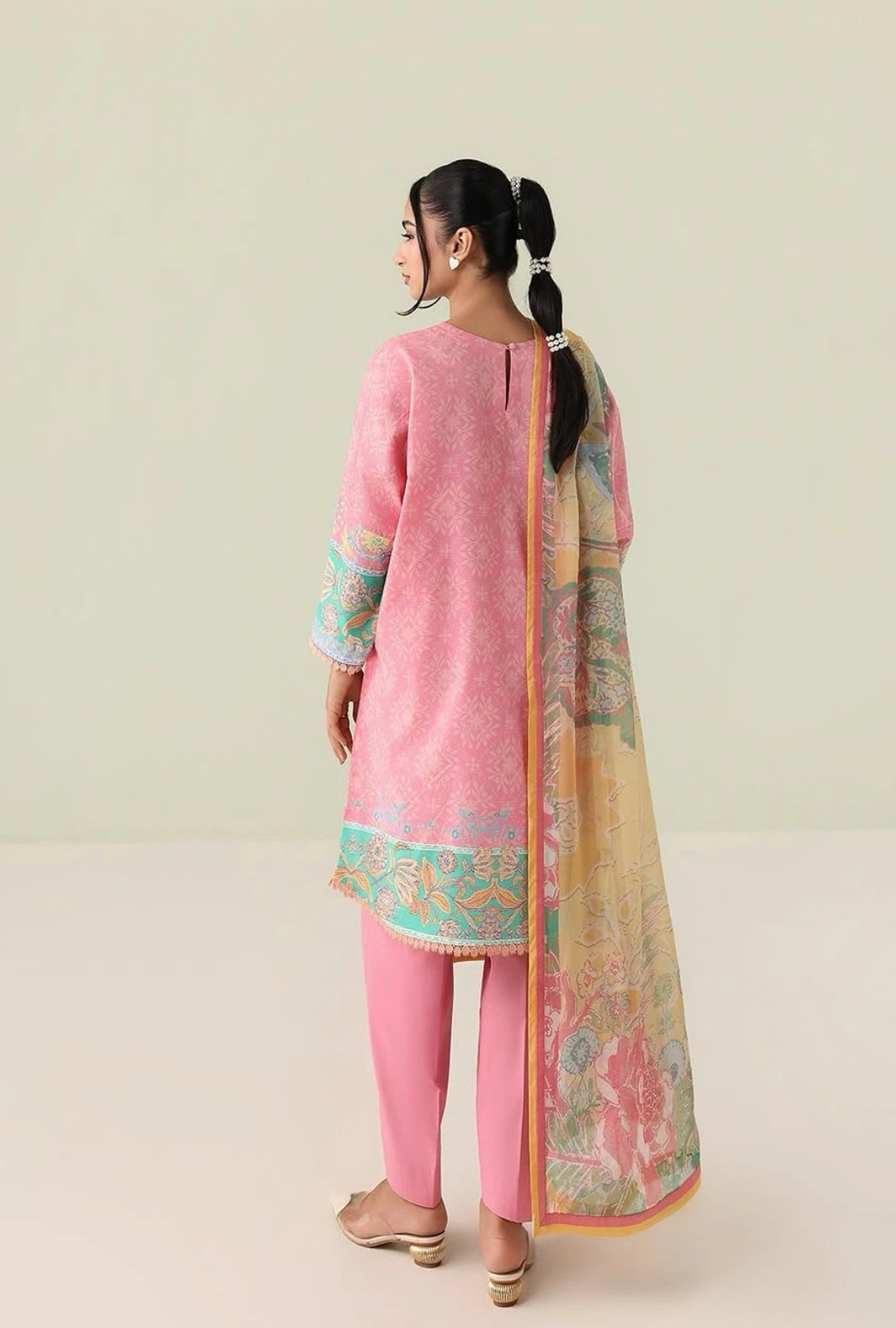 Roheenaz Rosette Golden Hour 3-Piece Unstitched Lawn Suit | Printed Shirt with Embroidered Neckline & Chiffon Dupatta