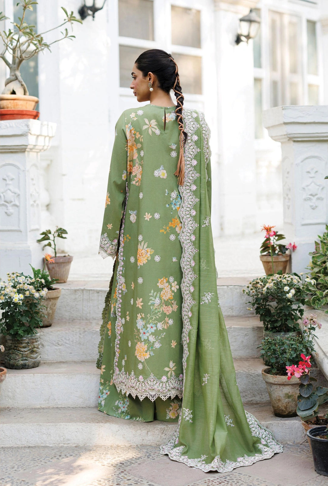 Afrozeh SERELITH 3-Piece Unstitched Lawn Suit | Olive-Green Floral Embroidered Shirt with Matching Dupatta