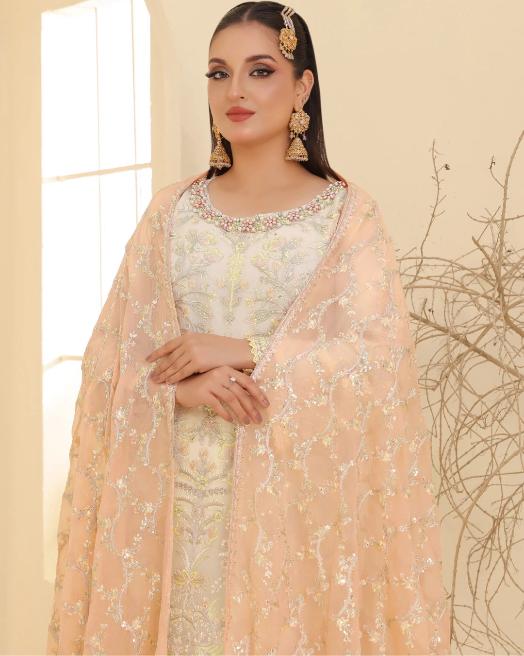 Embroidered Bamber Chiffon Suit With La Bella Viscose Jacquard Trouser D-006
