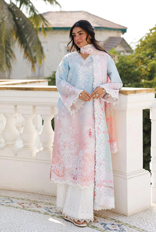 Afrozeh LILOURA 3-Piece Unstitched Lawn Suit | Pastel Aqua Embroidered Shirt with Coordinated Trousers
