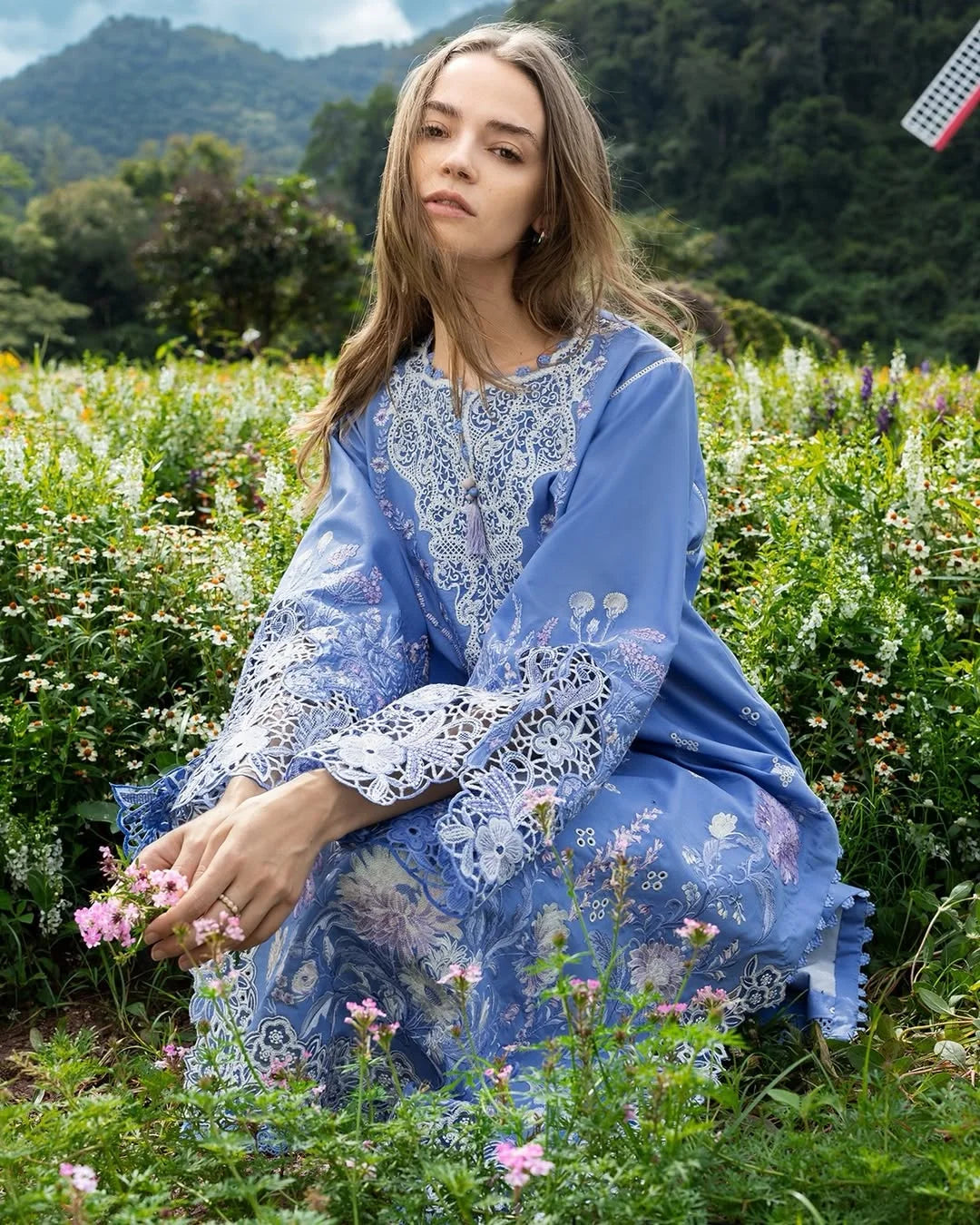 Azure Bloom – Chikan Embroidered Lawn with Chiffon Dupatta