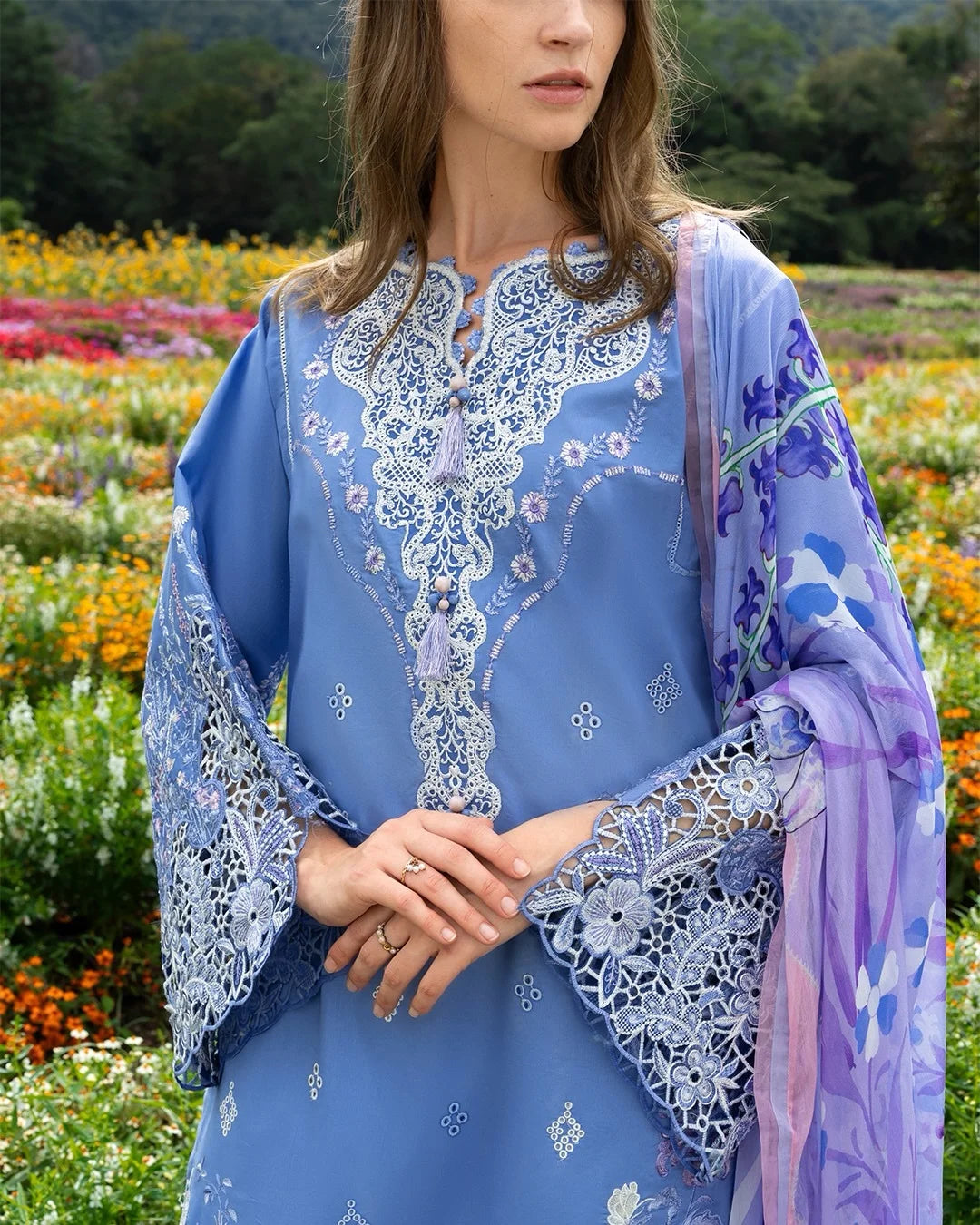 Azure Bloom – Chikan Embroidered Lawn with Chiffon Dupatta