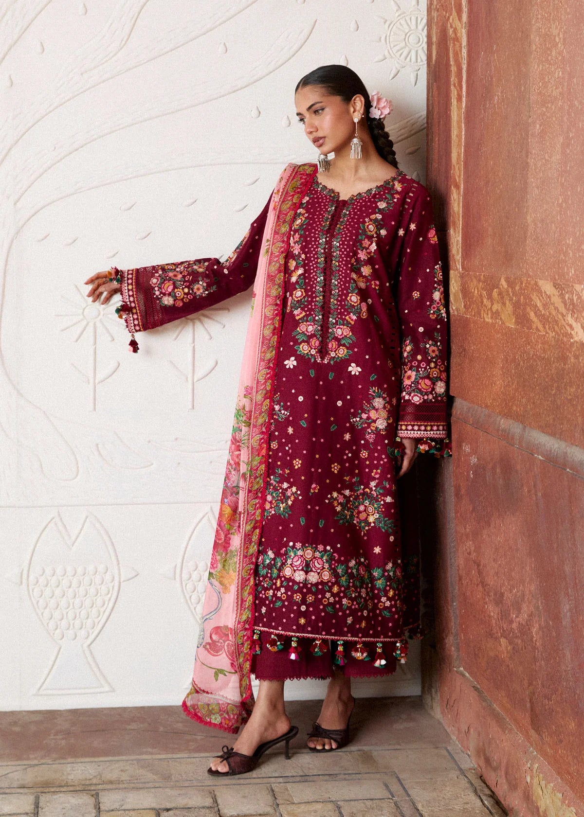 Hussain Rehar by Zun - Embroidered Lawn 3 Piece Unstitched Suit – Maroon (Kestane)
