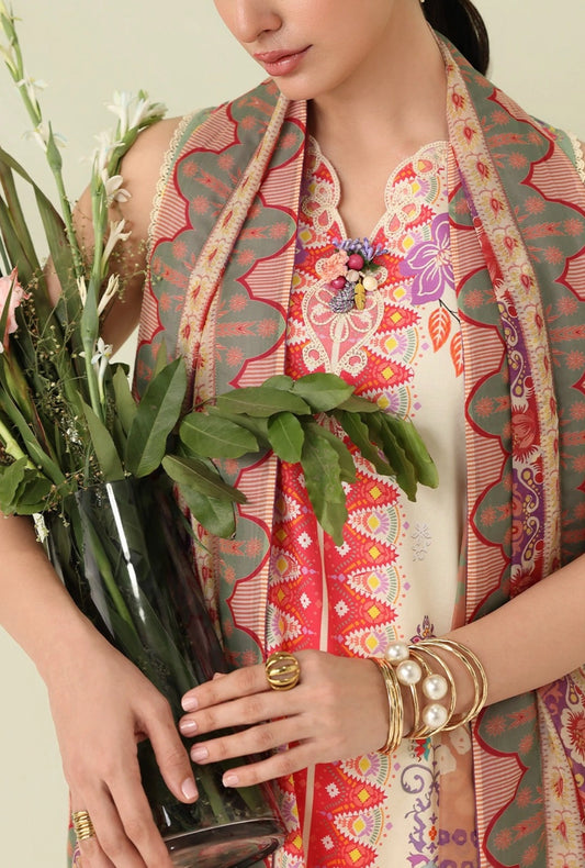 Roheenaz Rosette  Pastel Symphony 3-Piece Unstitched Lawn Suit | Printed Shirt with Embroidered Neckline & Chiffon Dupatta