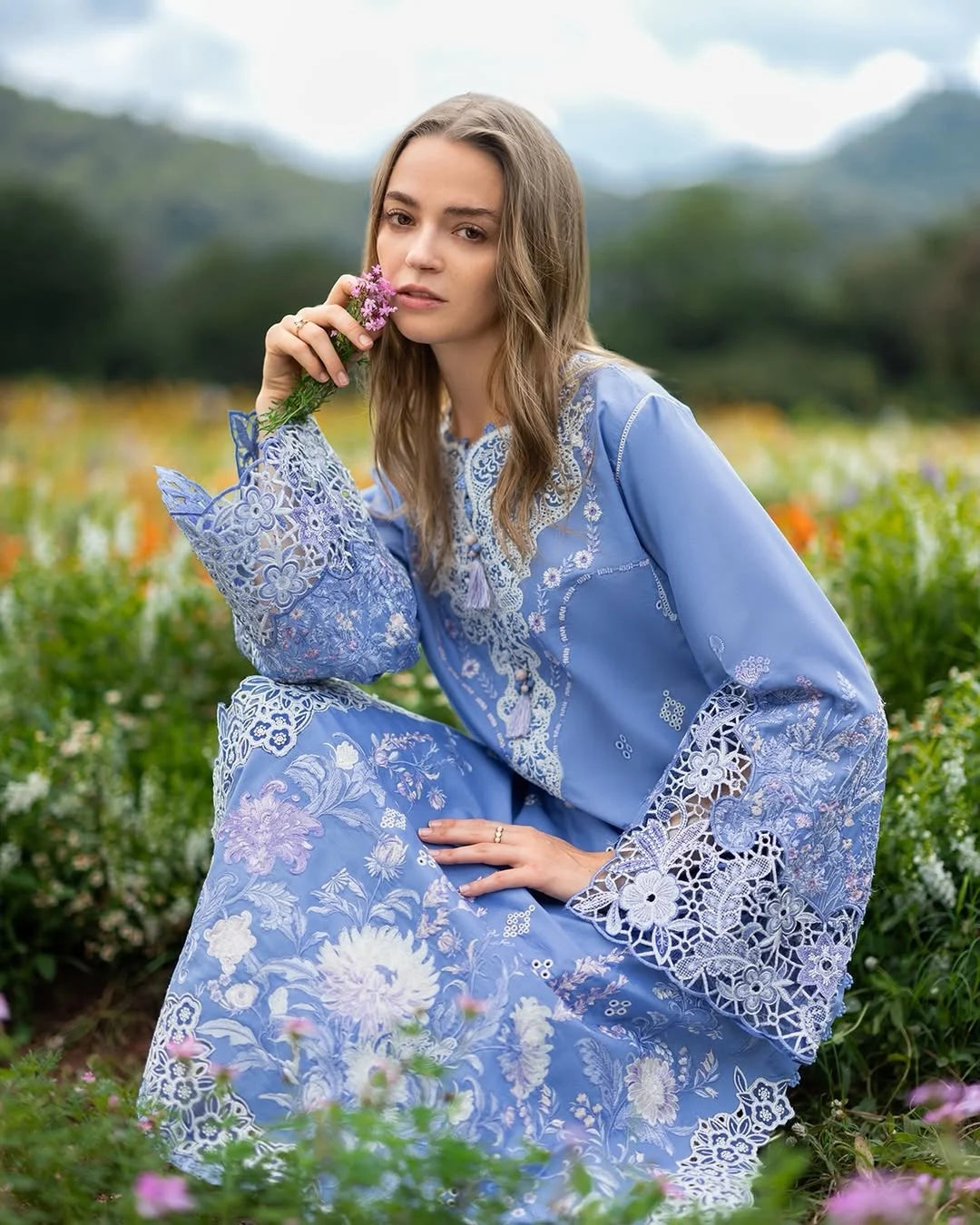 Azure Bloom – Chikan Embroidered Lawn with Chiffon Dupatta