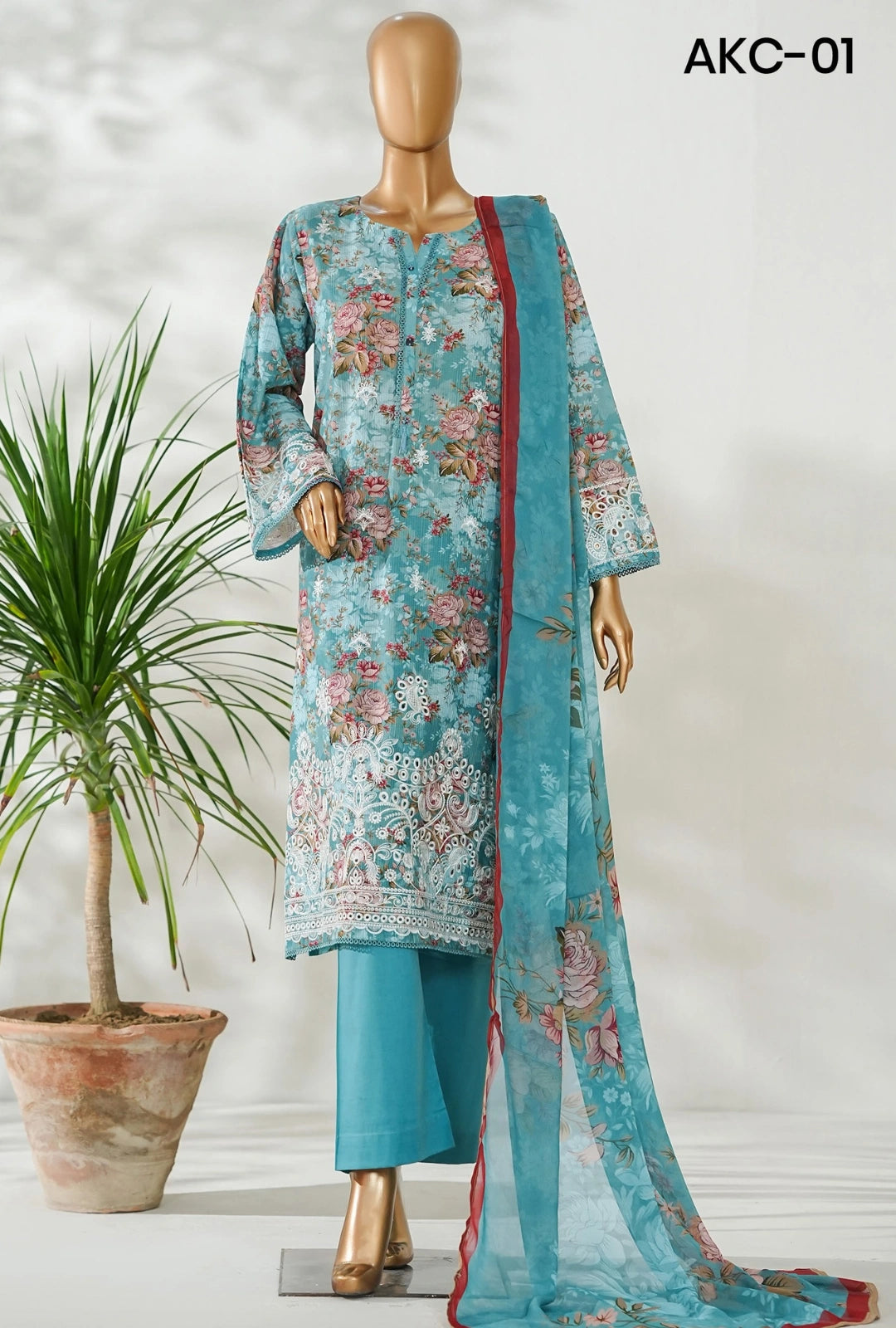 Amna Khadija Ismet Chikankari Embroidered Bana Dora Lawn Stitched 3 Piece Suit - AKC-01 | Blue | Summer Collection