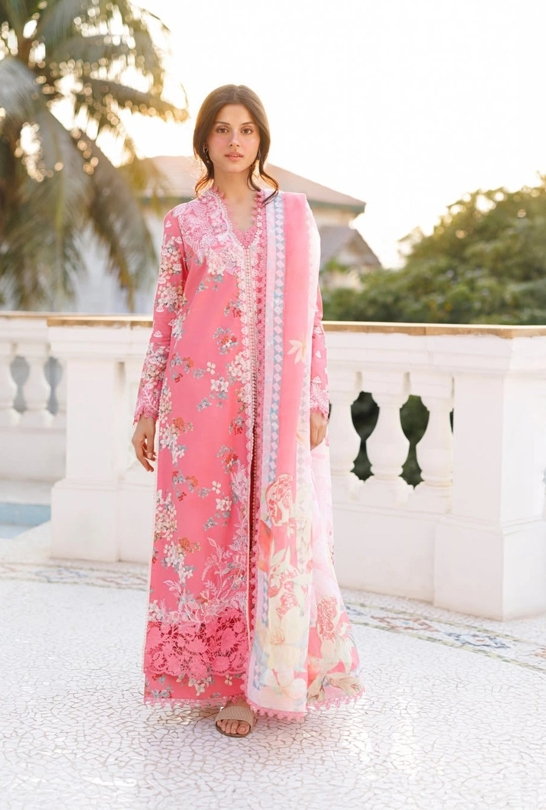 Afrozeh AMELUNE 3-Piece Unstitched Lawn Suit | Coral-Pink Embroidered Shirt with Sheer Dupatta