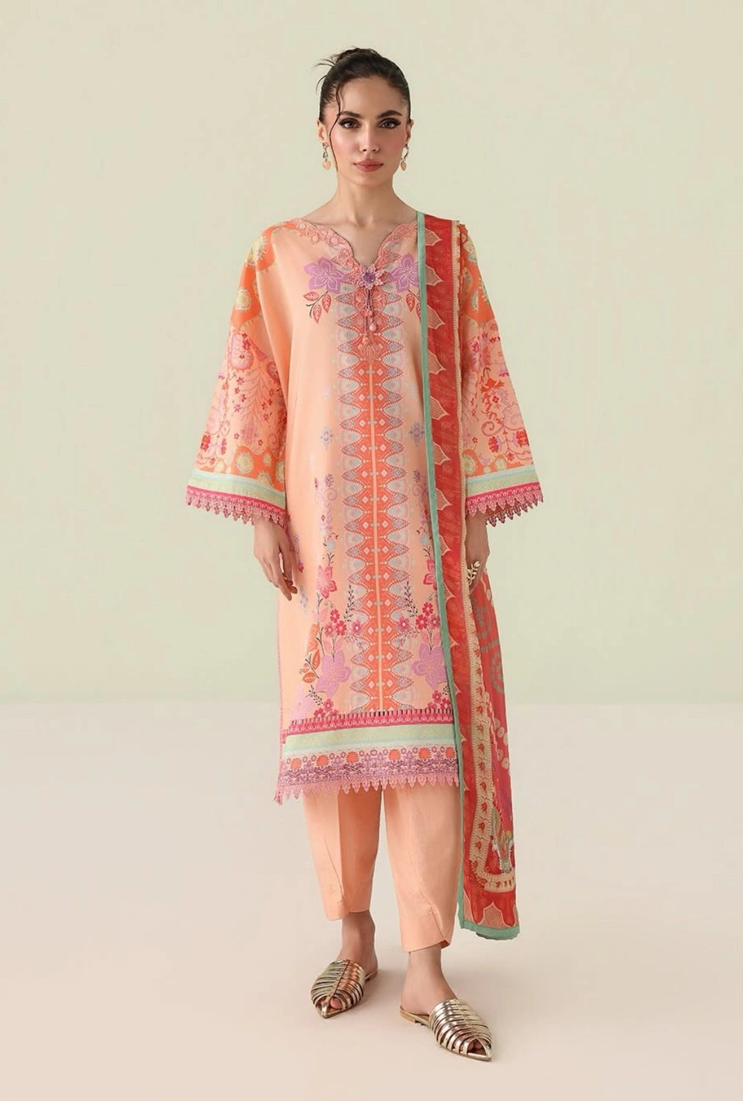 Roheenaz Rosette  Warm Horizon 3-Piece Unstitched Lawn Suit | Printed Shirt with Embroidered Neckline & Chiffon Dupatta