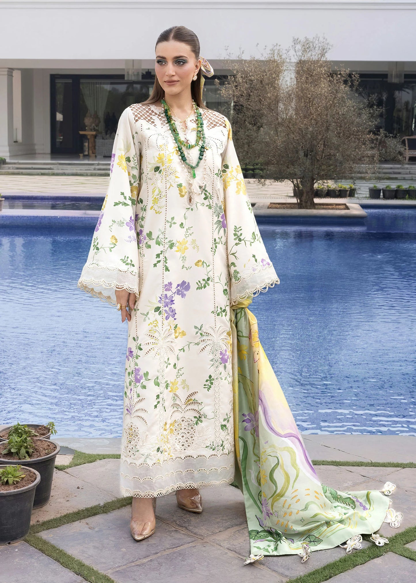 Flow By Crimson Unstitched Embroidered 3 Piece Suit Tropic Tease - D4A (Opal)