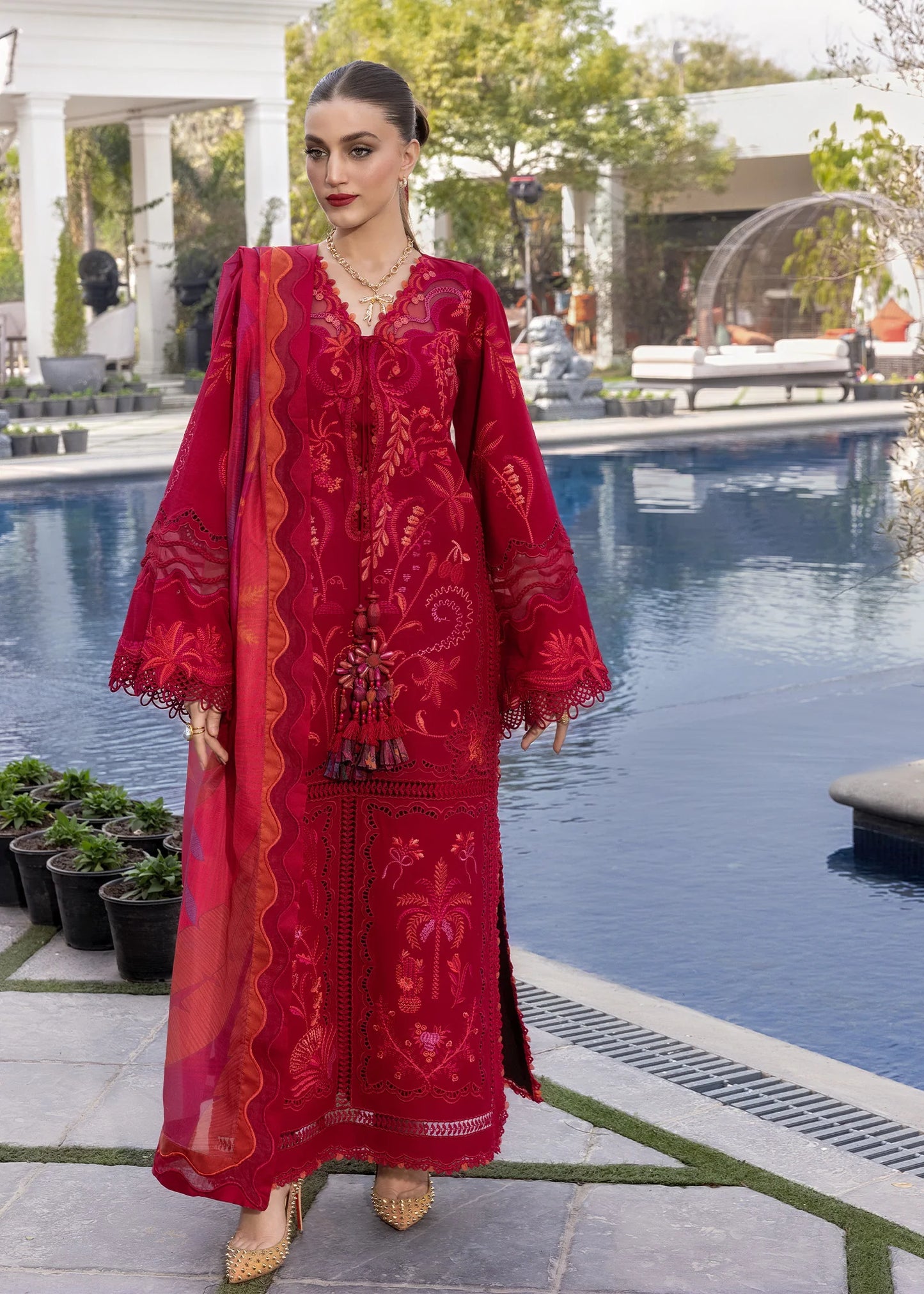 Flow By Crimson Unstitched Embroidered 3 Piece Suit Beauty in Bloom - D3A (Petal Red)