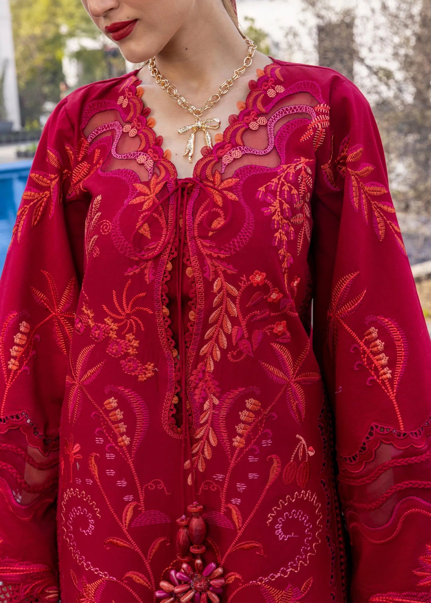 Flow By Crimson Unstitched Embroidered 3 Piece Suit Beauty in Bloom - D3A (Petal Red)