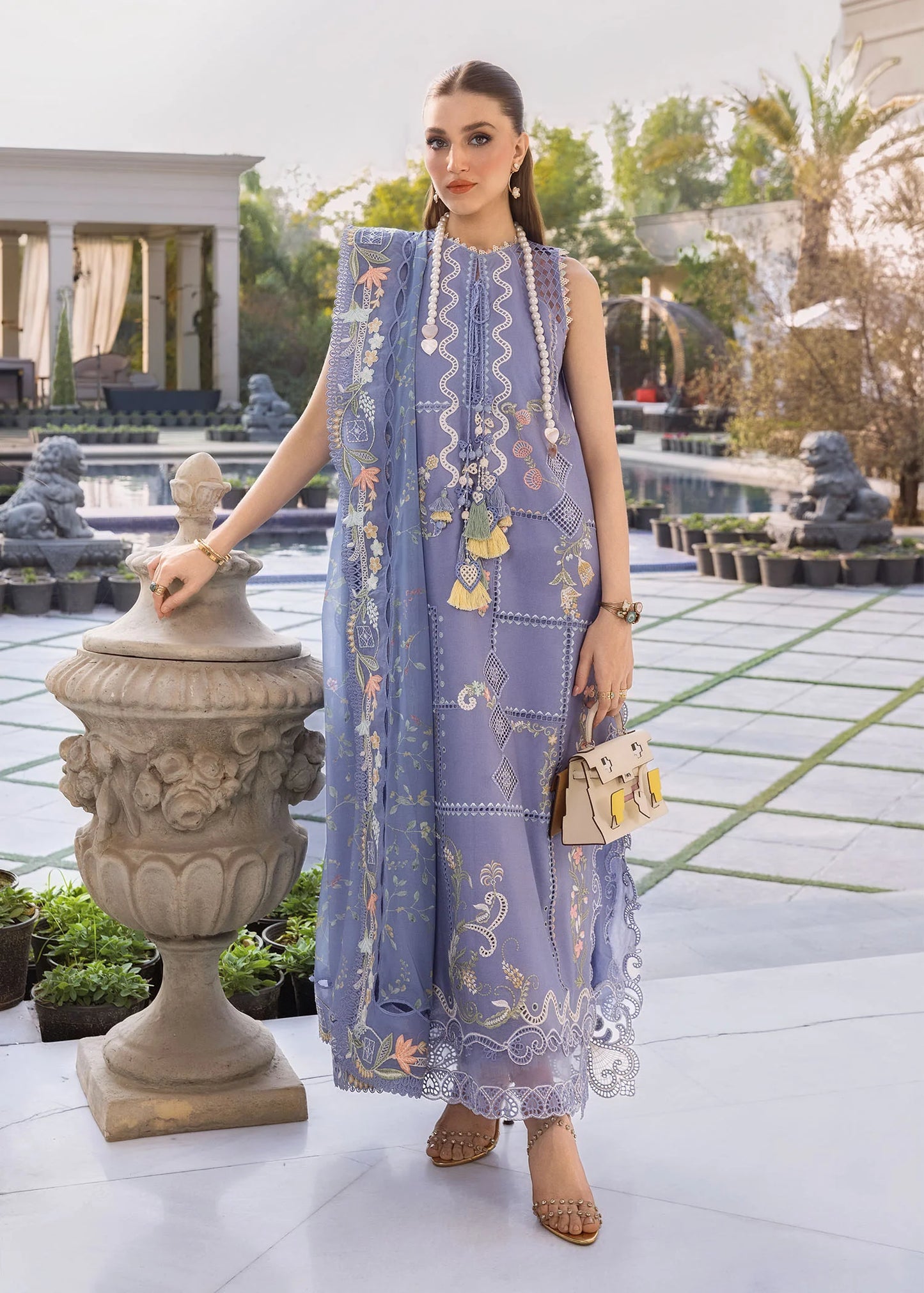 Flow By Crimson Unstitched Embroidered 3 Piece Suit Floral Serenity - D1B (Deep periwinkle)