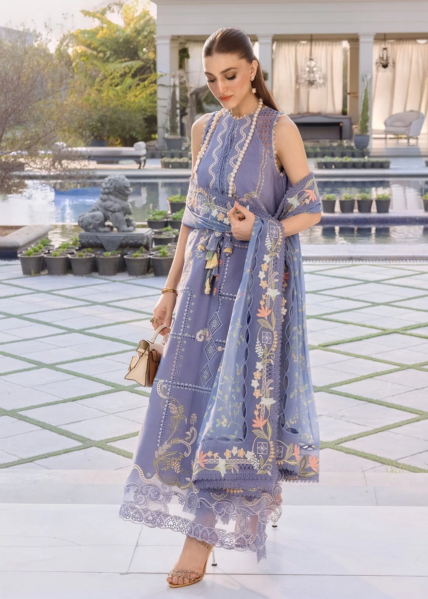 Flow By Crimson Unstitched Embroidered 3 Piece Suit Floral Serenity - D1B (Deep periwinkle)