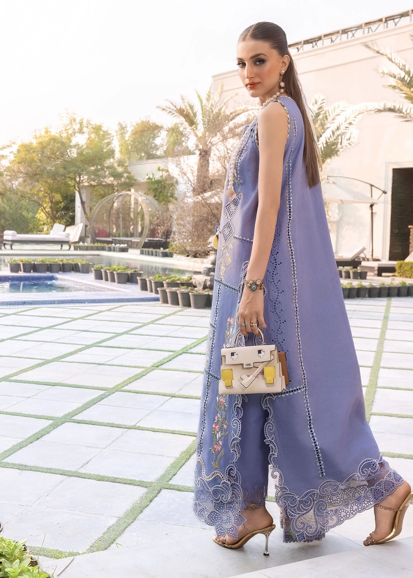 Flow By Crimson Unstitched Embroidered 3 Piece Suit Floral Serenity - D1B (Deep periwinkle)