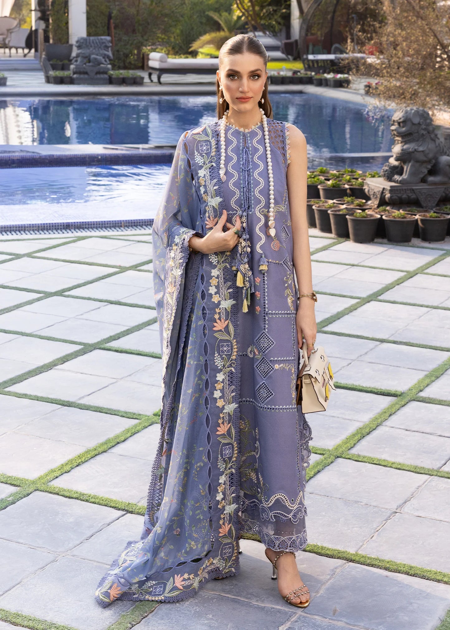 Flow By Crimson Unstitched Embroidered 3 Piece Suit Floral Serenity - D1B (Deep periwinkle)